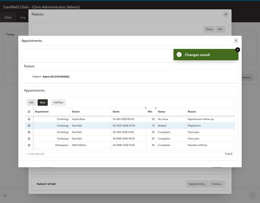 Appointments over Patients: modal dialog pages, a Popup LOV and select lists in an Interactive Grid