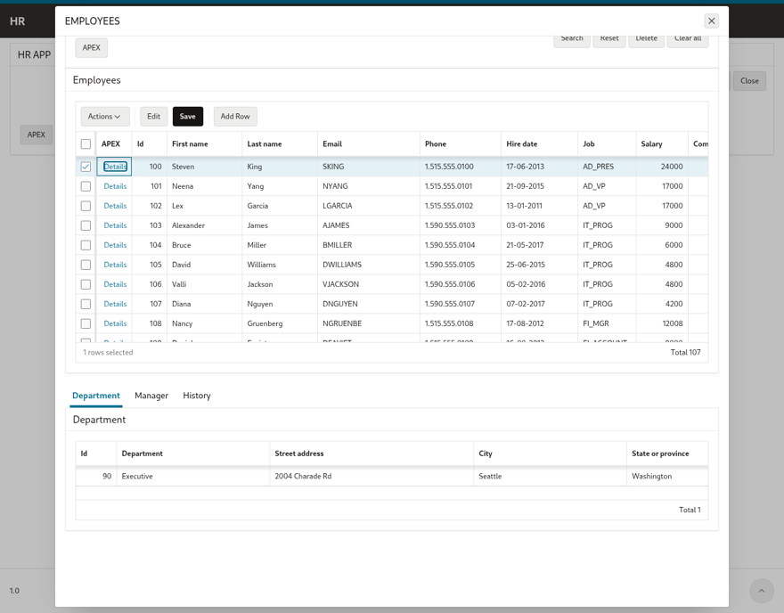 EMPLOYEES as a modal dialog page over CONSOLE: an Interactive Grid with tabs of Form regions