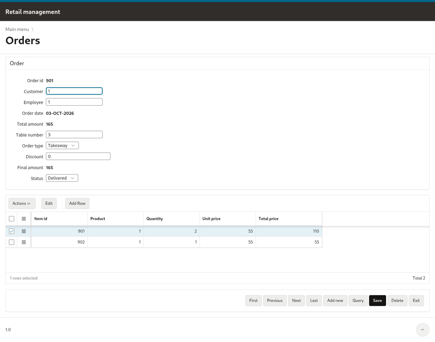 the Orders page: the order as a Form region, its lines in an Interactive Grid