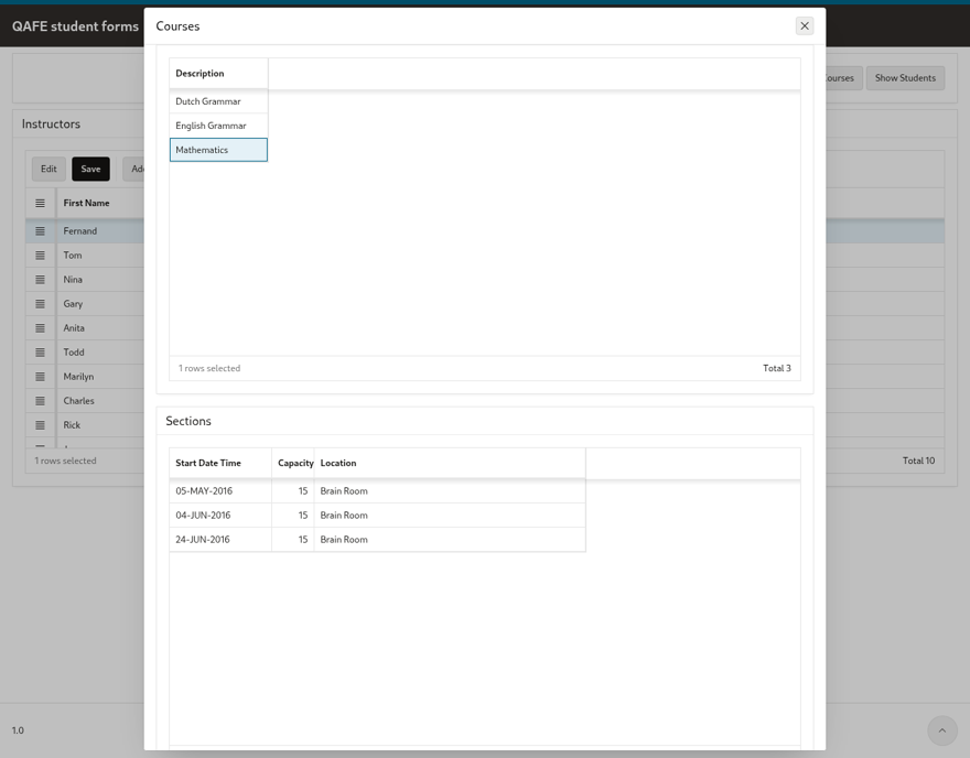 FORM2: the Courses dialog over Instructors, courses and their sections as master and detail grids