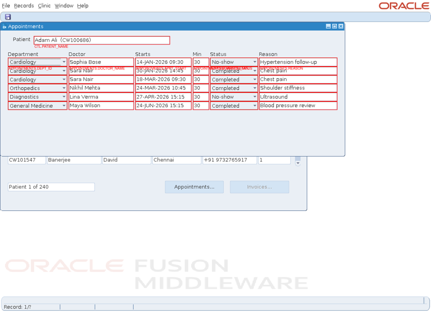 Original Oracle Forms screen, scenario appointments-book