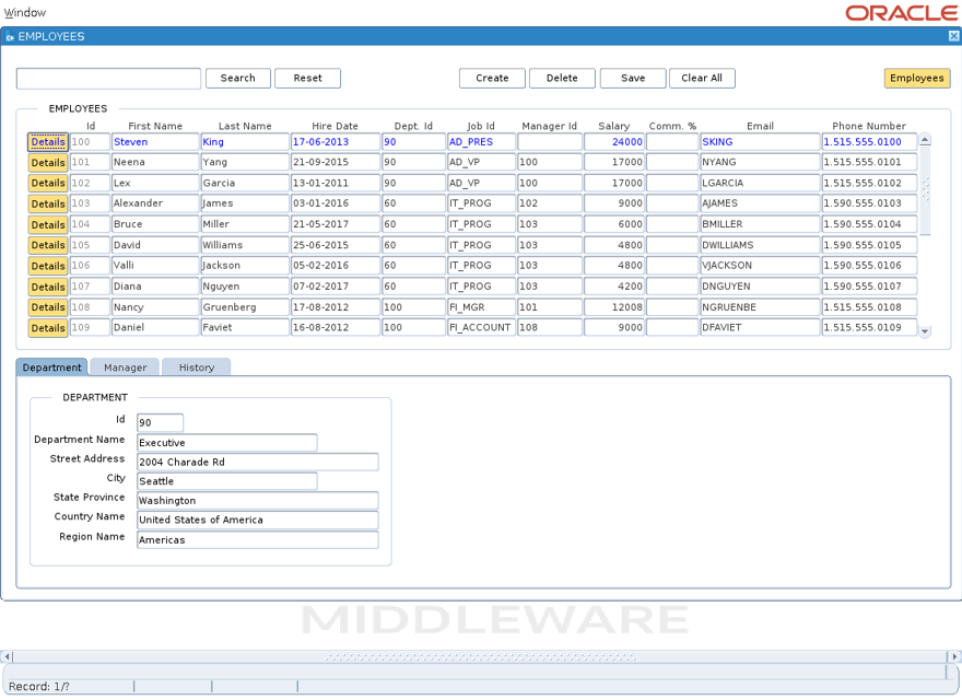 Original Oracle Forms screen, scenario employees-open