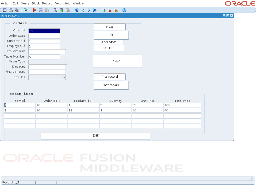 Original Oracle Forms screen, scenario order-two-lines