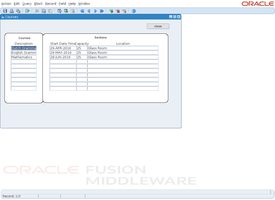 Original Oracle Forms screen, scenario form2-courses
